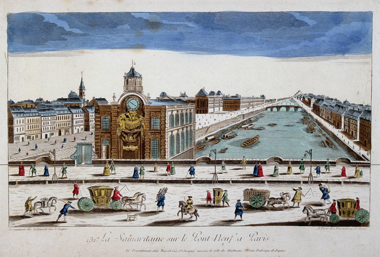 La Samaritaine (vodní pumpa) na Pont Neuf v Paříži - optický pohled od French School