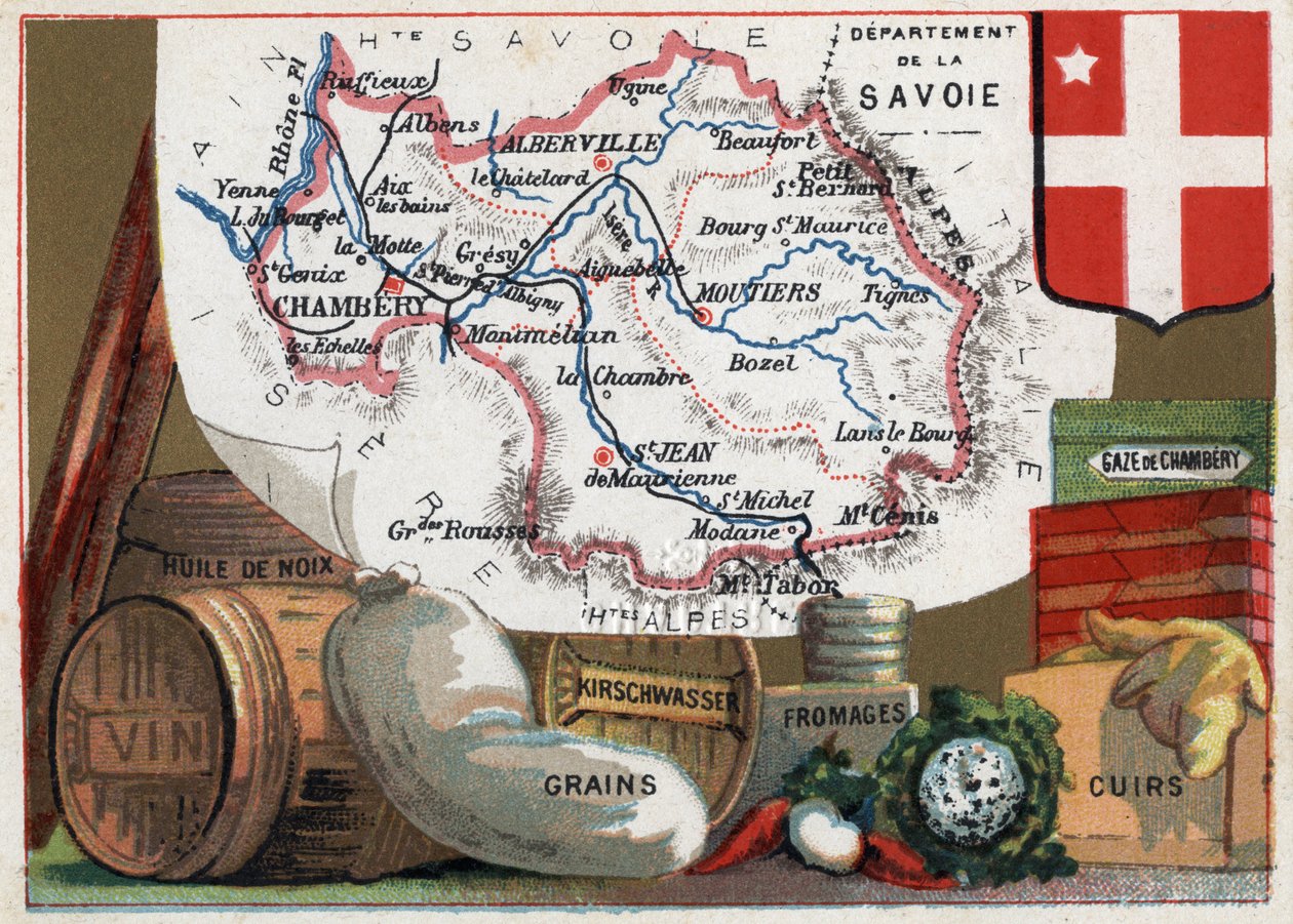 La Savoie (73), Rhone Alpes (Rhone-Alpes), Francie. Seriál o francouzských departementech. Místní specialita: olej z vlašských ořechů, víno, obilniny, kirschwasser (kirsch), sýr, komorová gáza a kůže. Chromolitografie (Chromo) „“geografické vlákno“, kolem  od French School