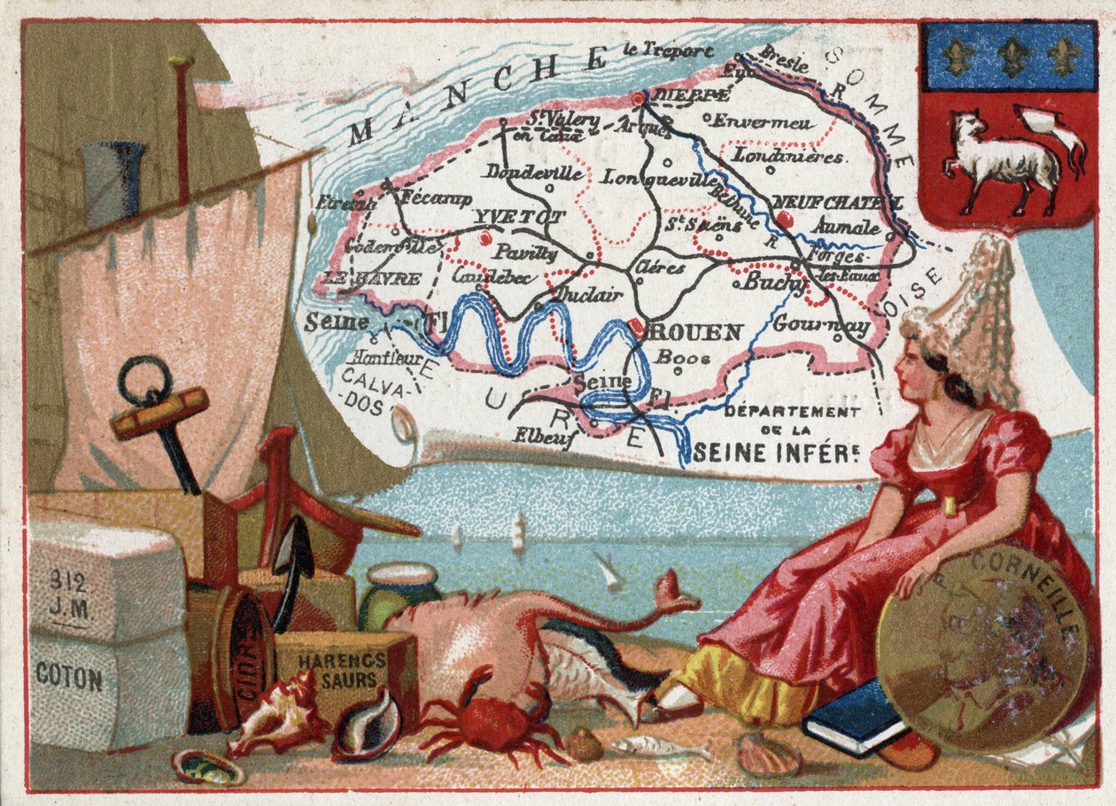 La Seine Inferieure, nyní Seine Maritime (76), Haute Normandy (Haute-Normandie), Francie. Místní speciality: bavlna, jablečný mošt, sleď saur. Portrét Pierra Corneille (1606-1684), francouzského dramatika. Seriál o francouzských departementech. Chromolitog od French School