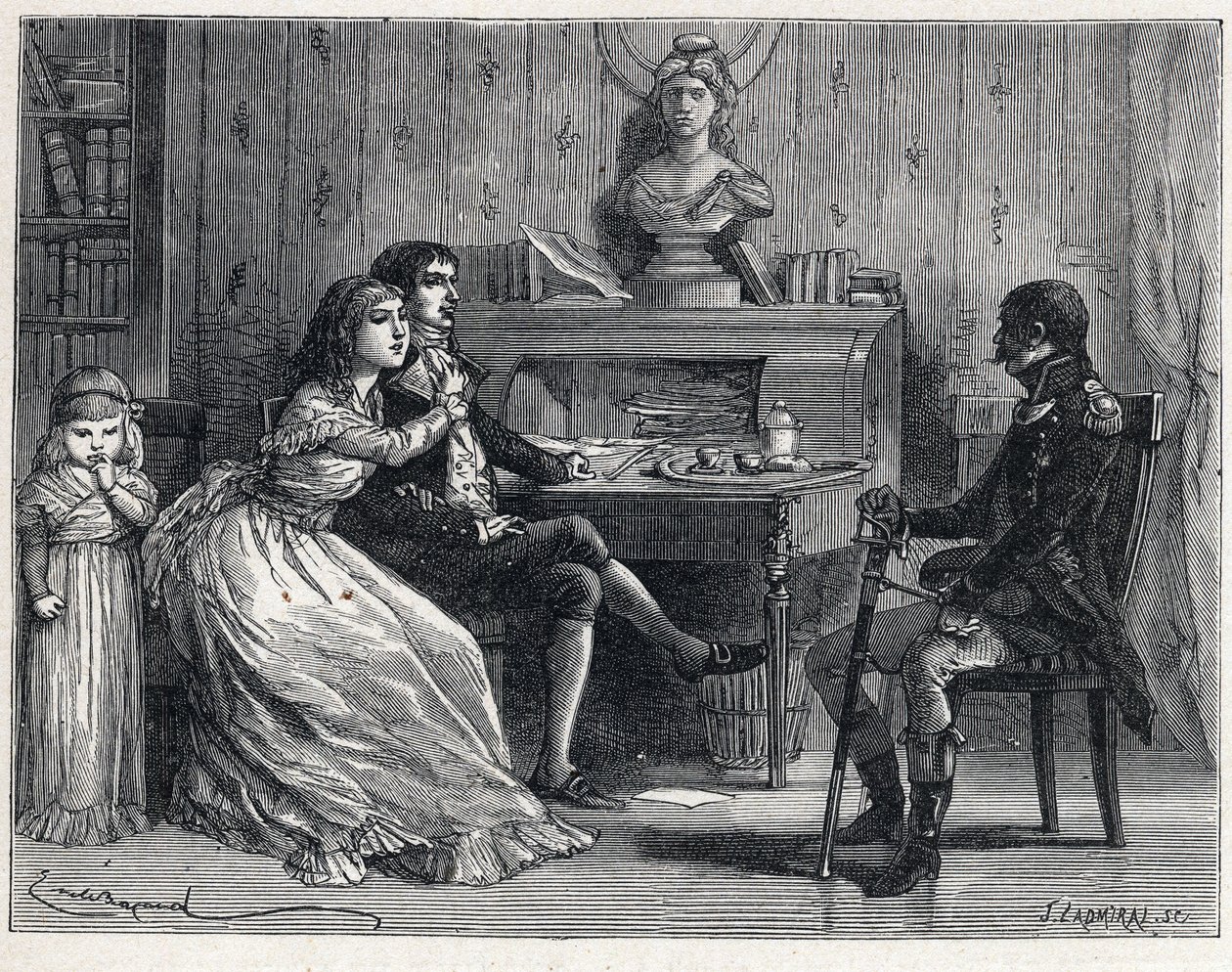 La Terreur během francouzské revoluce: Camille Desmoulins (1760-1794), vězněn, přijal návštěvu své manželky Lucile (1770-1794) a marechala Guillaume Brune (1763-1815) od French School