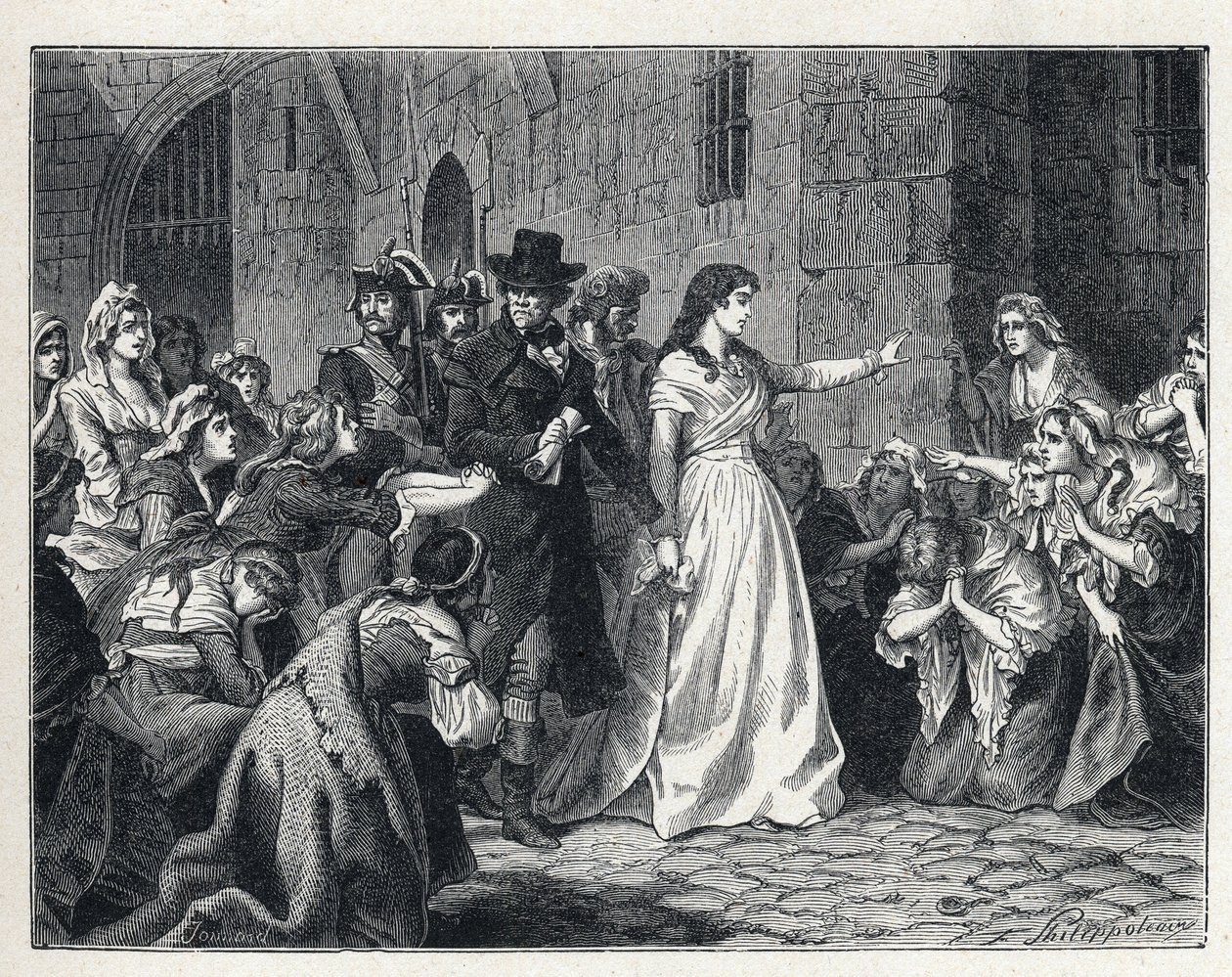 La Terreur během francouzské revoluce: Madame Jeanne Marie Roland de la Platiere (1754-1793) opouští věznici Concierge, aby se dostala před revoluční soud v roce 1793. Jeho kodexy mu klečí v cestě. od French School