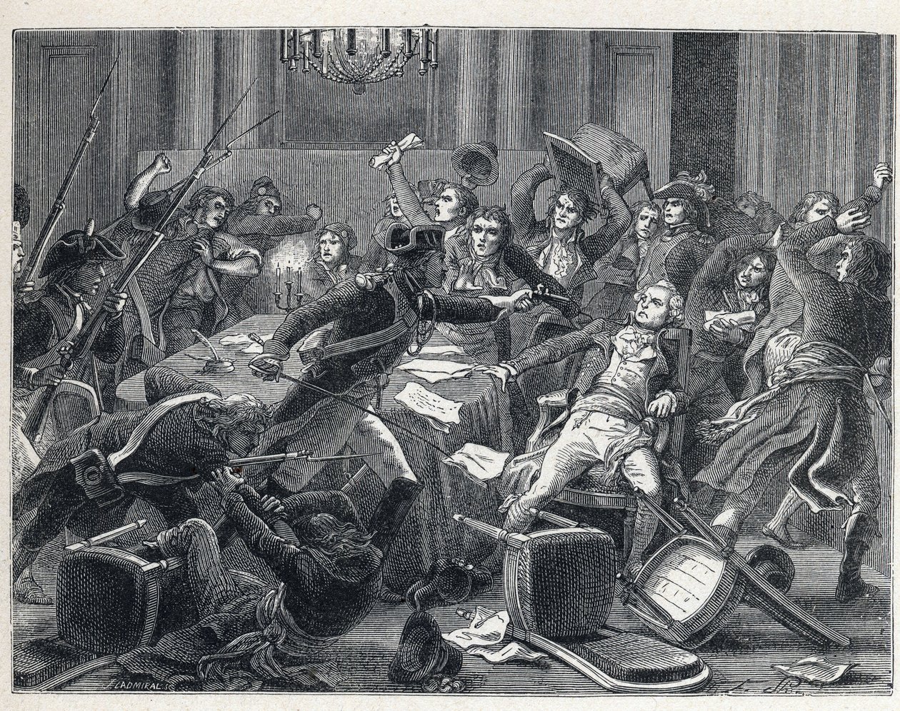 La Terreur během francouzské revoluce: zatčení Maxmiliána de Robespierre (1758-1794) a jeho příznivci se znovu sešli v Hotel de Ville de Paris 9. Thermidor roku II (27. července 1794). Uprostřed střílel četník z pistole na Robespierra (1758-1794). od French School