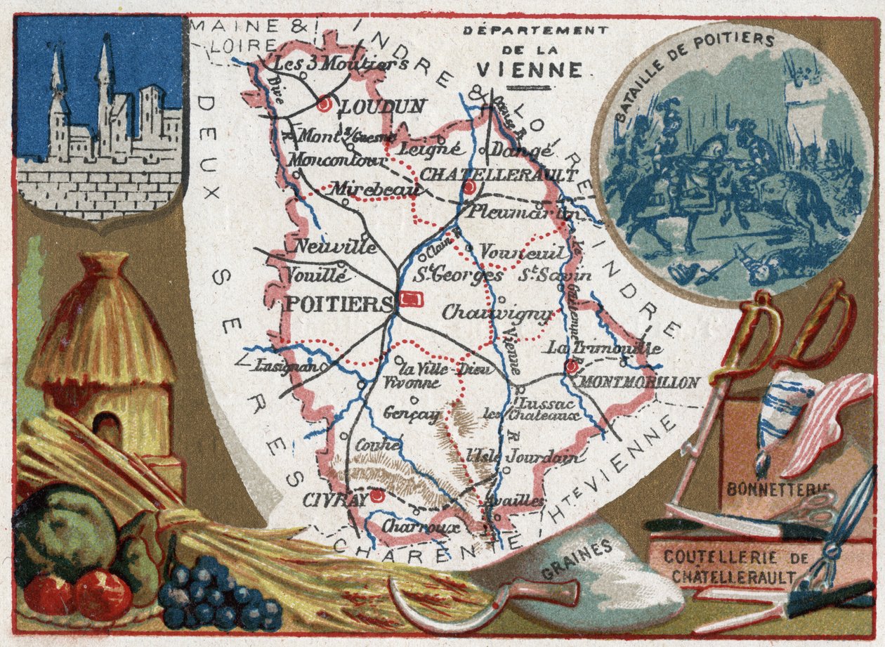 La Vienne (86), Poitou-Charentes (Poitou Charentes), Francie. Semena, příbory a punčochové zboží Chatellerault. Seriál o francouzských departementech. Chromolitografie (Chromo) „“zeměpisné vlákno“, kolem roku 1920. Soukromá sbírka. od French School