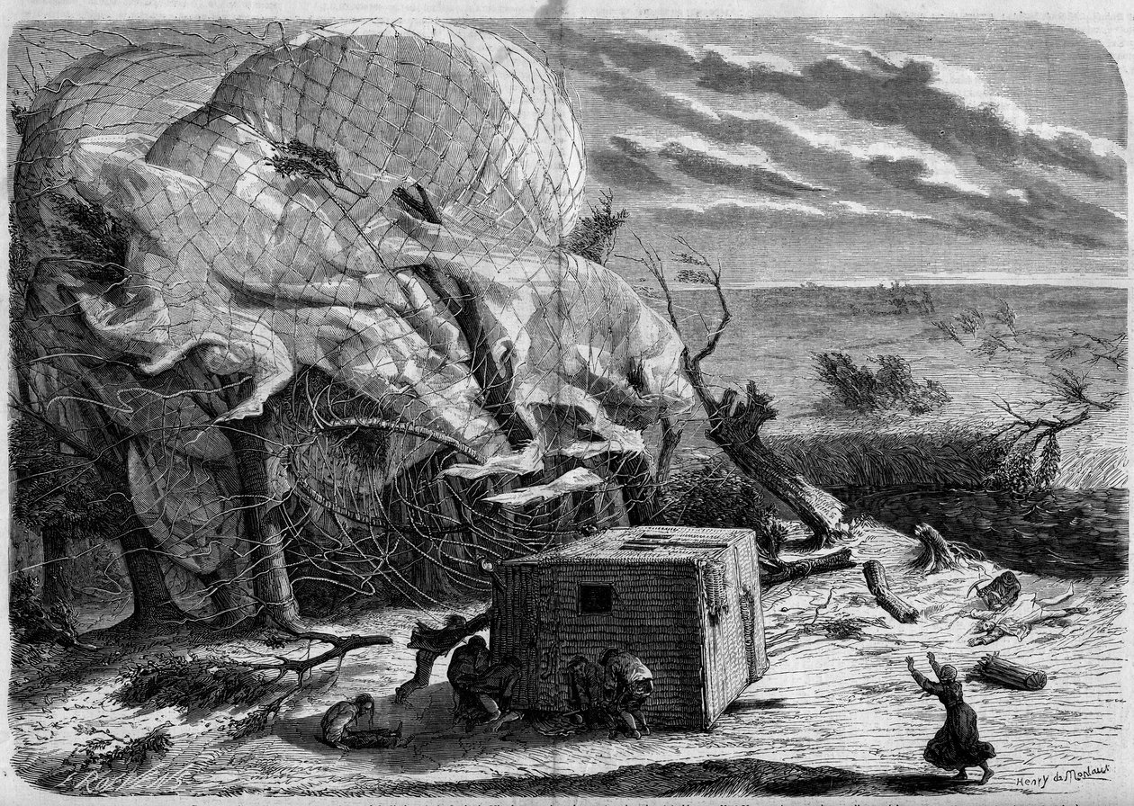 Pád balónu "Le Geant"" na pláních Hannoveru v roce 1863 s na palubě: Jules a Louis Godardovi, Felix Nadar, jeho manželka Fernand Montgolfier a Thirion. Letci se snaží zachránit paní Nadar, chycenou pod košem. Rytina v ""The World Illus od French School