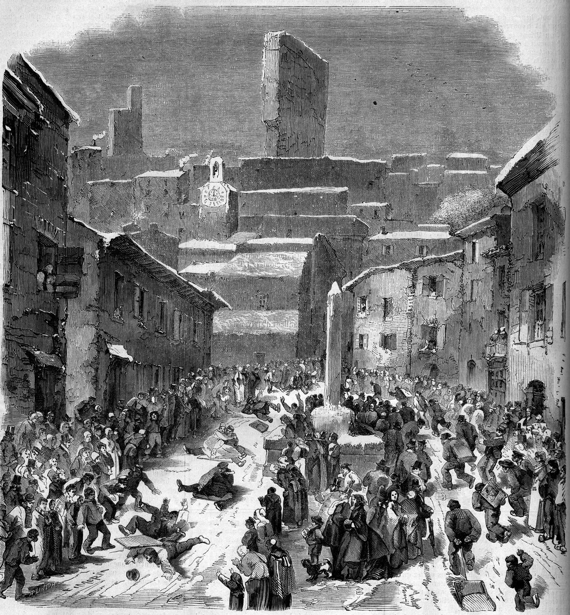 Skluzavka v barriotech (sáňkování) v Bourdeaux, Drome (26), zima 1860. Rytina v „“ Le Monde Illustré““ č. 149 z 18. února 1860. od French School