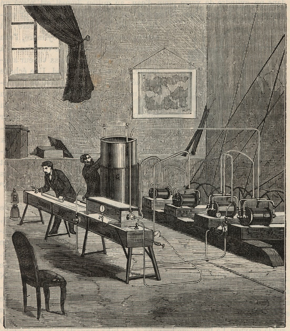 La liquefaction des gaz dans le laboratoire de Raoul Pictet (1878) - Raoul Pierre Pictet (1846-1929) švýcarský fyzik, provádí experiment se zkapalňováním a tuhnutím plynného vodíku a studoval vlastnosti látek při nízkých teplotách - Gravírování v „Scie od French School
