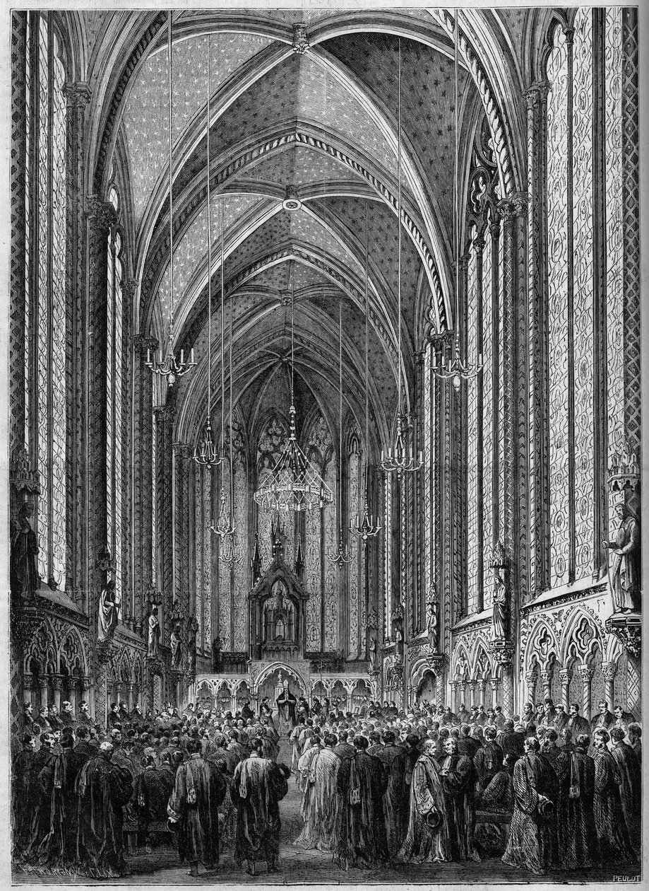 Mše Svatého Ducha, slavená v Sainte Chapelle v Paříži u příležitosti návratu magistrátu, 3. listopadu 1863. Rytina v ""Le Monde Illustre"" č. 343 ze 7. listopadu 1863. od French School