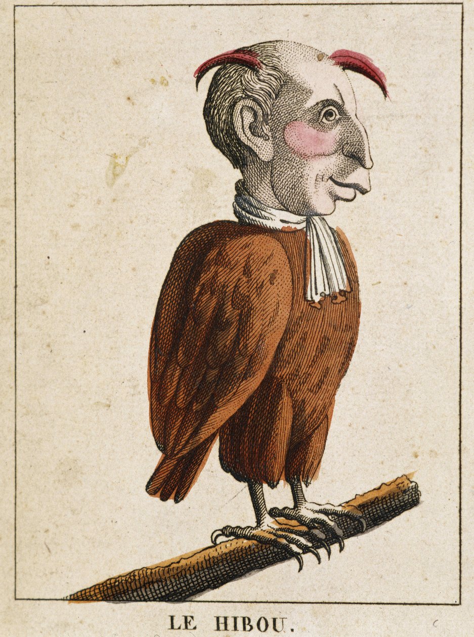 Sova v karikatuře, studie postavy „“volatile caracterise““ sd. 19., populární snímky. od French School