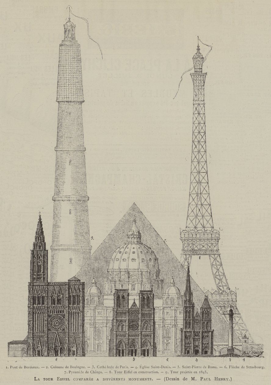 La tour Eiffel comparee a differents monuments (rytina) od French School