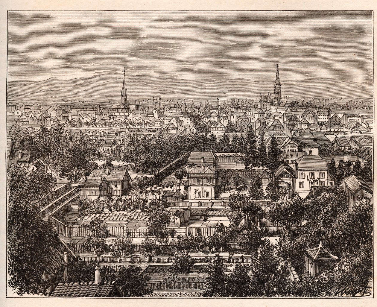 Město Mulhouse (Haut-Rhin) - rytina v „La France illustrée: geografie, historie, statistická správa“ od V.A. Malt-Brown. 1884 od French School