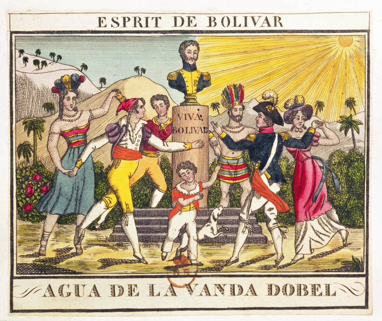 Štítek pro levandulovou vodu evokující ducha Bolivara, kolem roku 1830 (barevné rytí) od French School