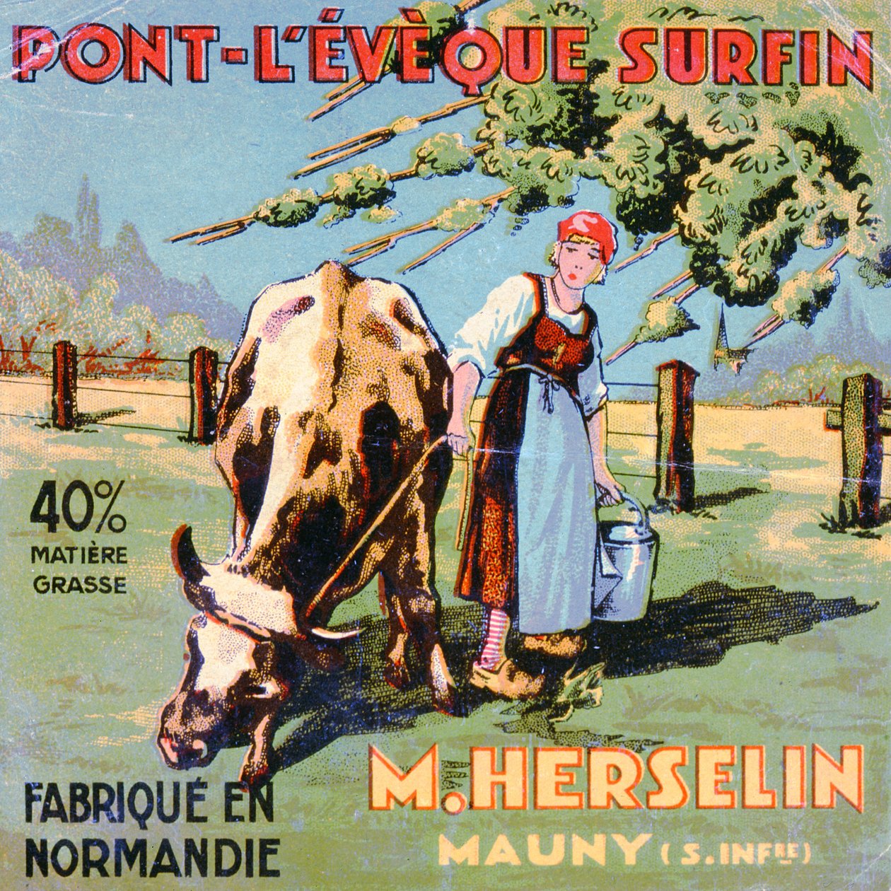 Štítek pro sýr Pont-LEveque vyrobený sýrařem M. Herselinem, počátek 20. století od French School
