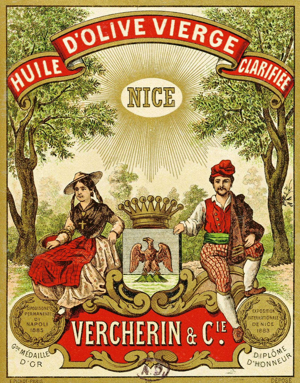 Štítek pro extra panenský olivový olej Vercherin, kolem 1885-90 od French School
