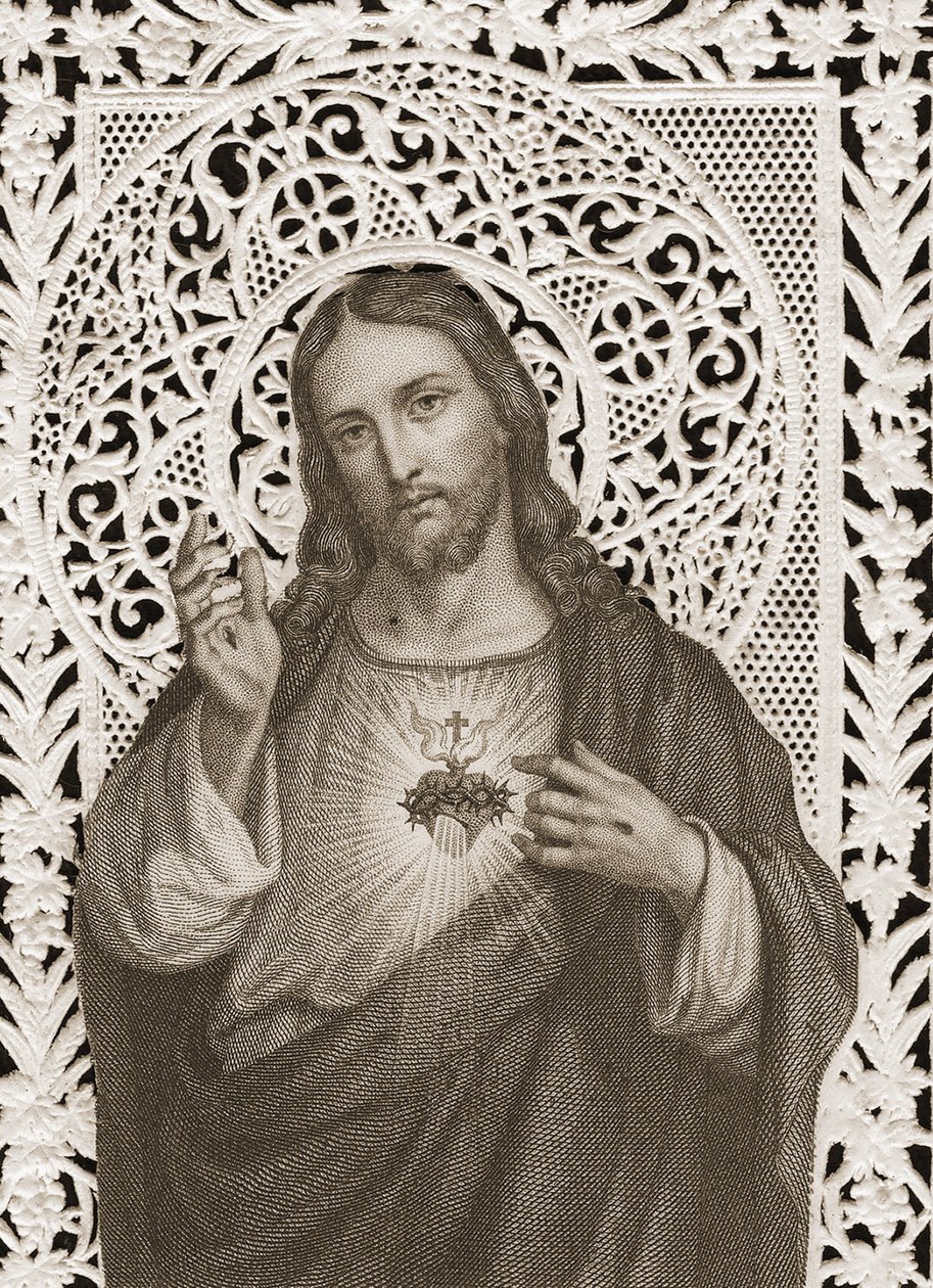 Krajková karta zobrazující Nejsvětější srdce Ježíšovo, 19. století (bw litho) od French School