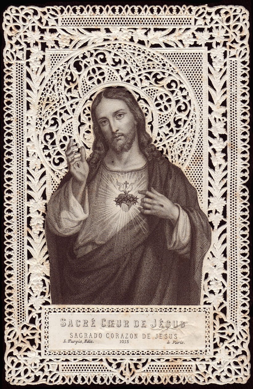Krajková karta zobrazující Nejsvětější srdce Ježíšovo, 19. století (bw litho) od French School