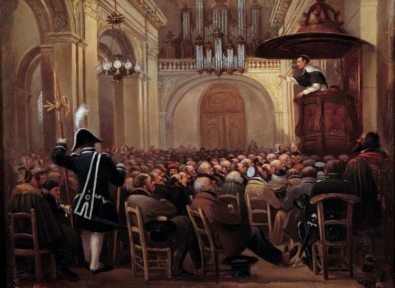Lacordaire (Henri Lacordaire (1802-1861), řeholník dominikánského řádu) káže careme v katedrále v Nancy. Anonymní malování od French School