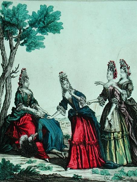 Dámy hrající hádání s gentlemanem, 2. polovina 17. století (barevná rytina) od French School