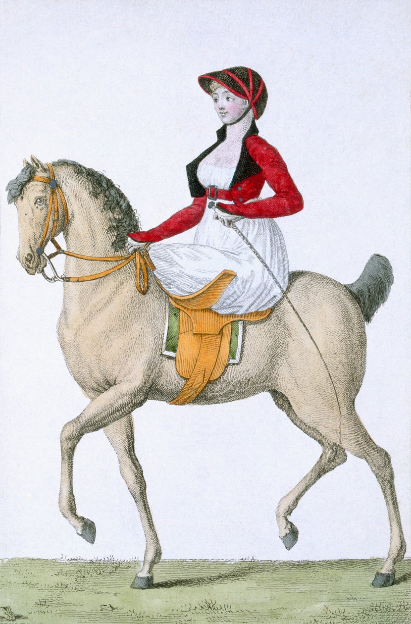 Dámské jezdecké sedlo, z Costumes Parisien, publikované v Journal des Dames et des Modes, 1798 od French School
