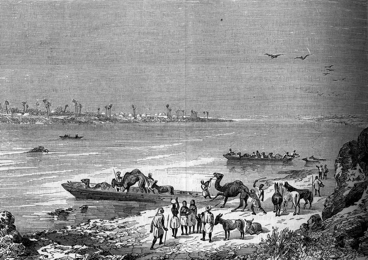 Jezero Niger ve městě Sai, Afrika. Rytina v „Le Journal de la jeunesse““ od French School