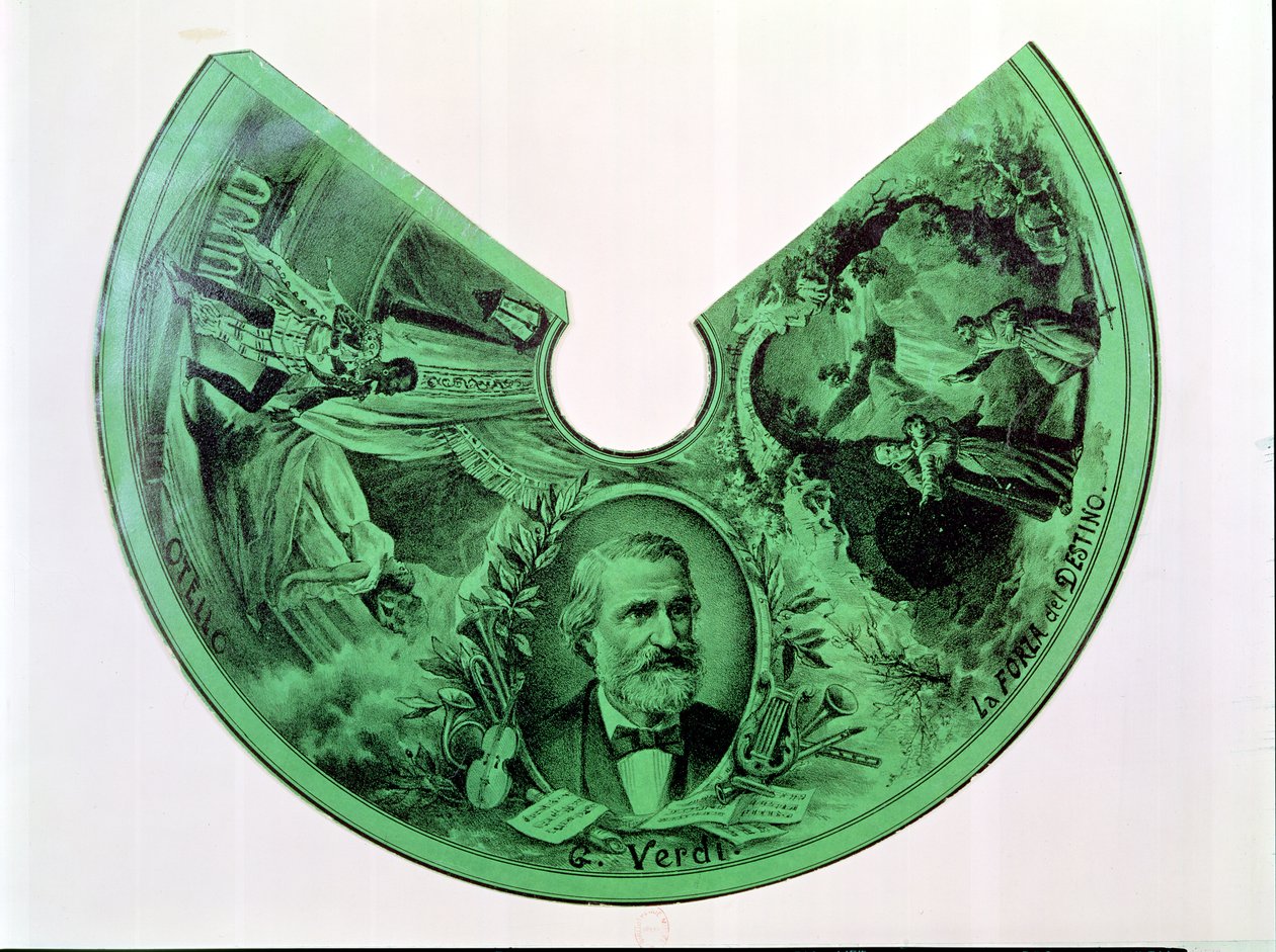 Stínidlo zdobené portrétem Giuseppe Verdiho (1813-1901) a výjevy z Othella a The Force of Destiny (rytina na papíře) od French School