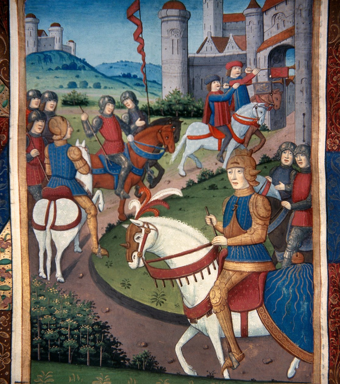 Lancelot příjezd do francouzské vesnice (vellum) od French School