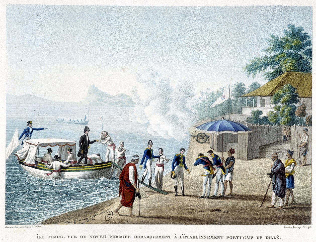 Přistání v portugalské osadě Dillé na ostrově Timor. od French School