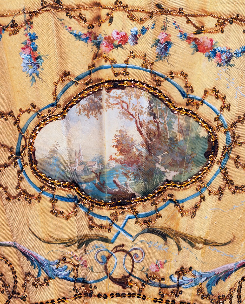 Krajina, detail ručního vějíře znázorňujícího odpočinek při lovu, malované hedvábí a kosti, vytvořil Felix Alexandre, Paříž, cca 1870, Francie od French School