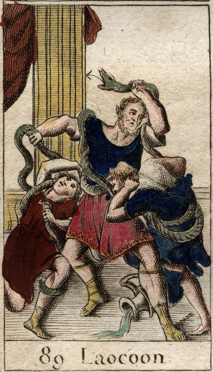Laocoon Minerve podporující Řeky posílá mořské hady k útoku na Laocoon, který varuje obyvatele města Trója před koněm. Hadi se vrhli na jeho dva syny a pohnuli je, pak zaútočili na Laokoona. (Minerva podporující Řeky poslala od French School