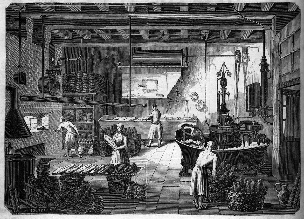 Velký francouzský průmysl v 19. století: Zařízení Drouot na pečení. Fournil de M. Courcier, rue Saint Maur v Paříži. V „Le Monde slavný““ 1862. od French School