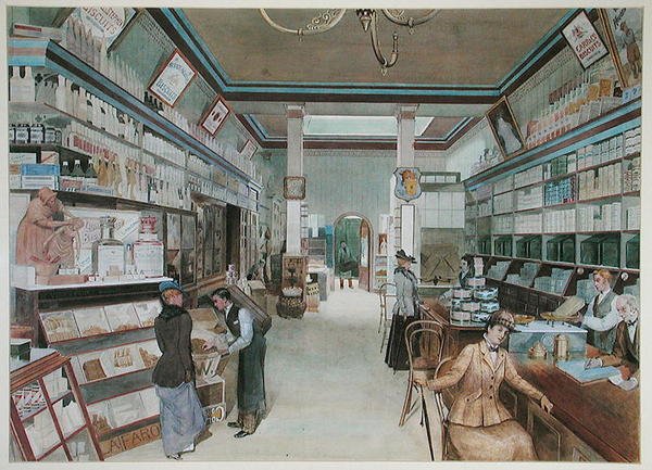 Velký obchod s potravinami v Anglii, c. 1900 (akvarel na papíře) od French School