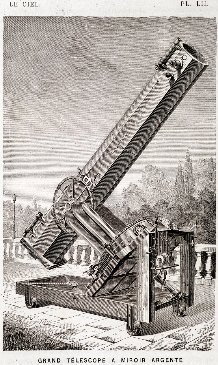 Velký stříbrný zrcadlový dalekohled (systém Léon Foucault), rovníkový namontovaný pro observatoř Marseille – v „“ Le Ciel“ od Amédée Guillemin, Hachette, Paříž od French School