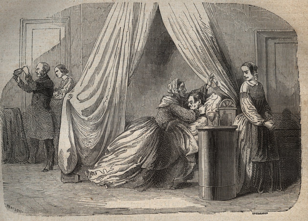 Poslední okamžiky Charlese Lafarge (1811-1840), manžela Marie Fortunee Capelle, Marie Lafarge (Madame) (1816-1852) francouzský zločinec - rytina v „Causes celebres de tous les peuple“ od Armanda Fouquiera (1817-18?) 1858 -1867 - soukromá sbírka od French School