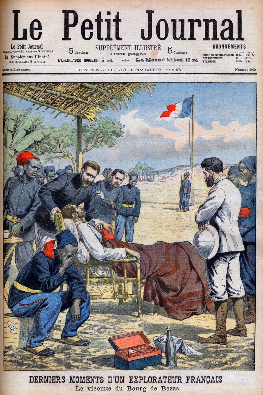 Poslední okamžiky francouzského cestovatele vikomta Pierra Marie Roberta Du Bourg de Bozas (1871-1903) v Bourg de Boza v tropické Africe „Le Petit Journal“ 22. února od French School