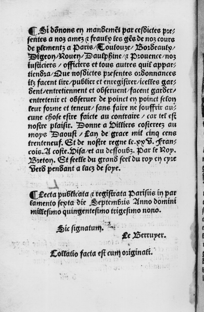 Poslední strana Ordinance of Villers-Cotterets, 1539 (tištěný papír) od French School