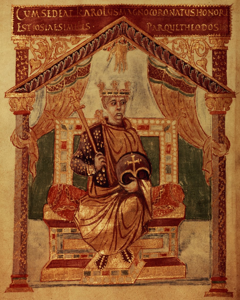 Lat 1152 f.3v Karel Veliký (Carolus Magnus, Karel Veliký) (747-814) král Franků a křesťanský císař Západu, ze žaltáře Karla Smělého od French School