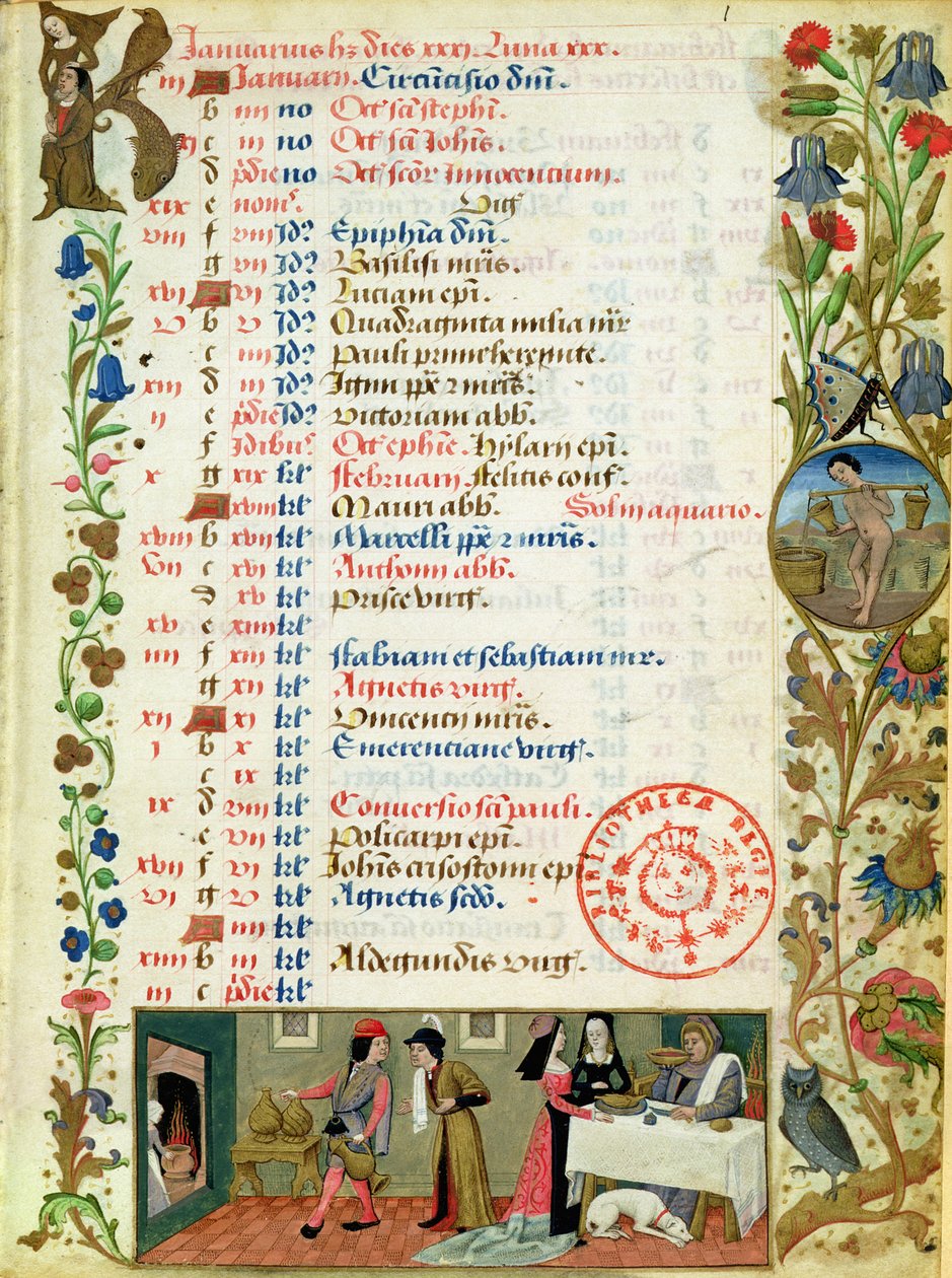 Lat 1173 f.1 ledna; postavy jedí a pijí od Robineta Testarda z Hodin Karla z Angouleme od French School
