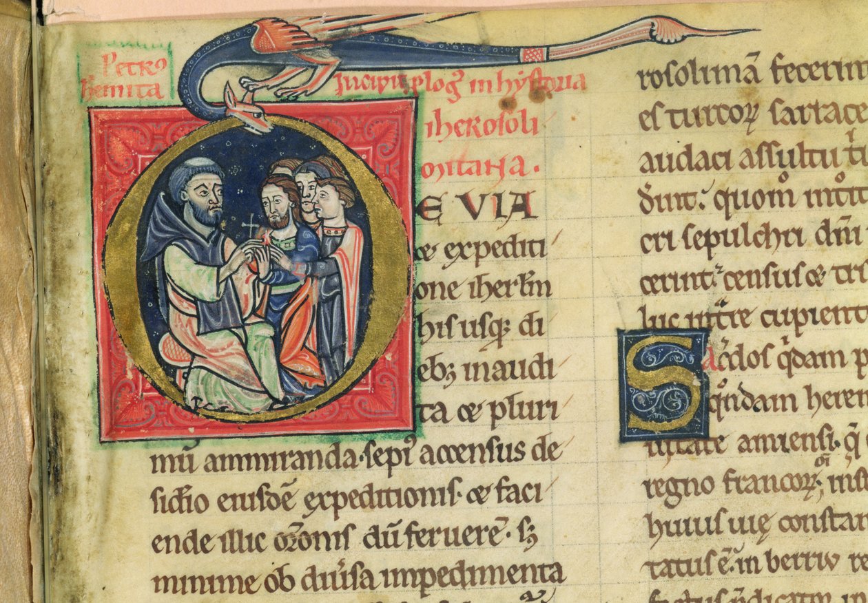 Lat 5128 f.1 Petr Poustevník rozdává kříže, z "Historie Jeruzaléma..." od mnicha Roberta (pergamen) od French School