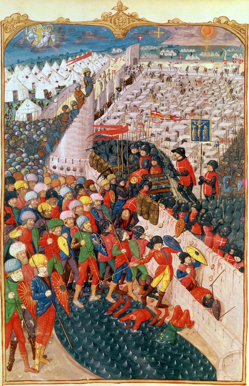 Lat 6067 Turecké operace při obležení Rhodosu, z Historie obležení Rhodosu, Guillaume Caoursin, 1483 od French School