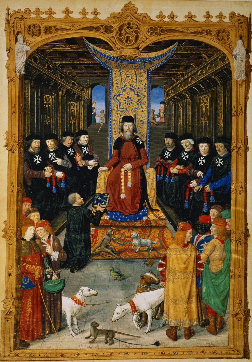 Lat 6067 f.3v Autor věnuje svou knihu Pierru dAubussonovi, velmistru Řádu svatého Jana Jeruzalémského, z Dějiny obléhání Rhodu, Guillaume Caoursin, 1483 od French School