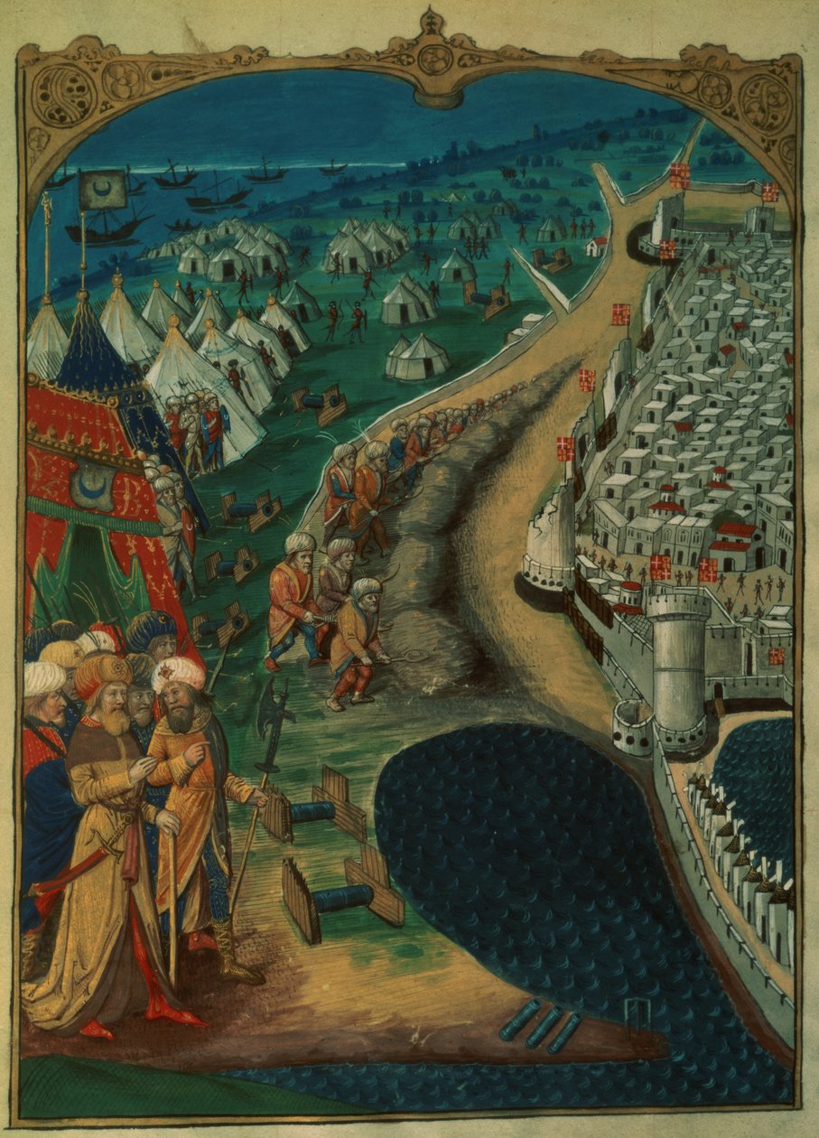Lat 6067 f.50v Hlavní poradce Mohameda II., možná Miseh Paleologue, řídící turecké operace, kolem roku 1480, z Historie obléhání Rhodosu, od Guillauma Caoursina, 1483 od French School