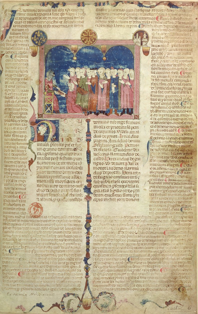Lat 9187 f.1 Autor představující knihu, z Coutumes de Toulouse, 1296 od French School