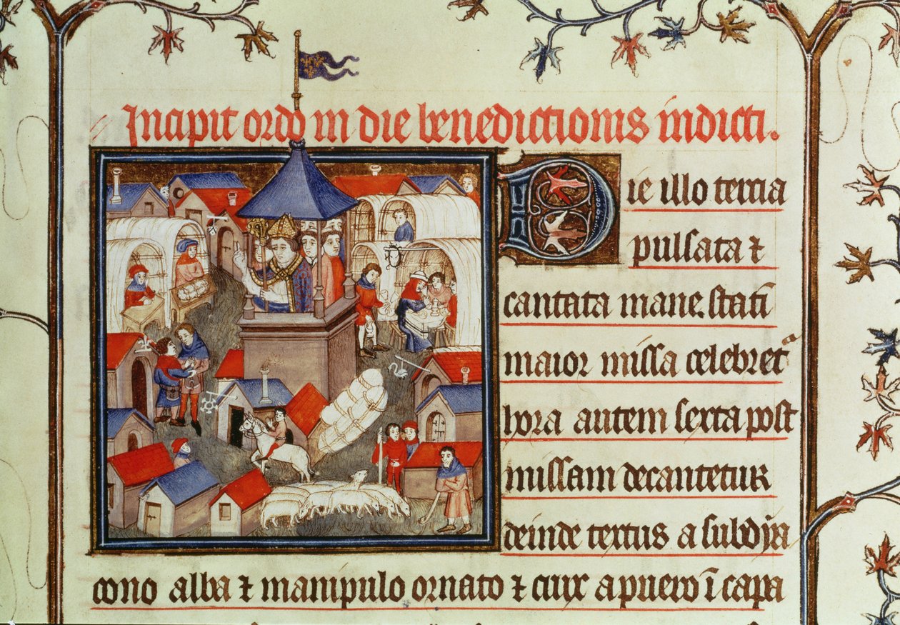 Lat 962 f.264 Miniatura biskupa žehnajícího výročnímu jarmarku nebo trhu konanému po dva týdny v červnu na pláních St. Denis, z pontifikálu, 1301-1400 od French School