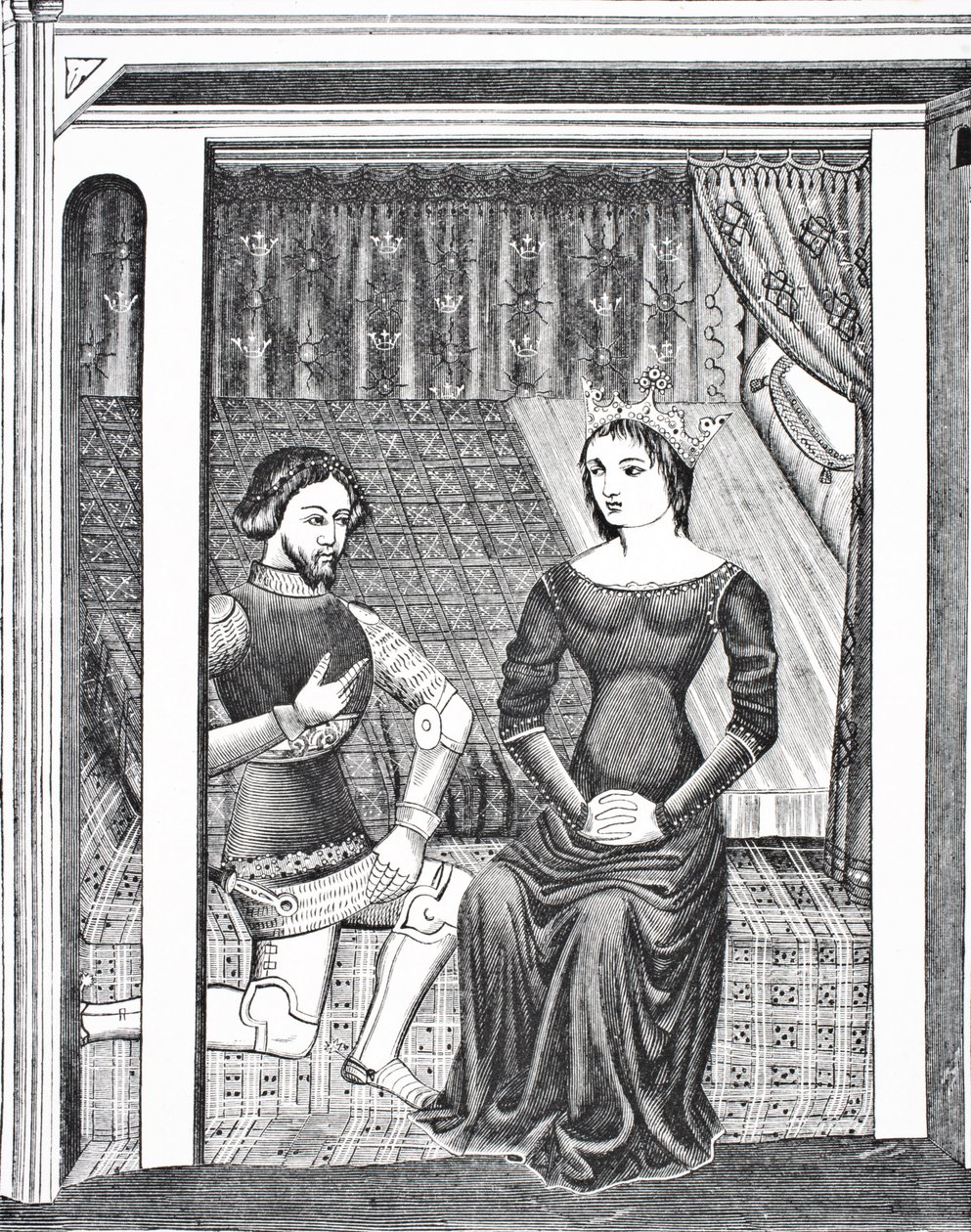 Launcelot a Guinevere, podle miniatury z rukopisu ze 14. století, z Science and Literature in The Middle Ages od Paula Lacroix pub. Londýn 1878 od French School