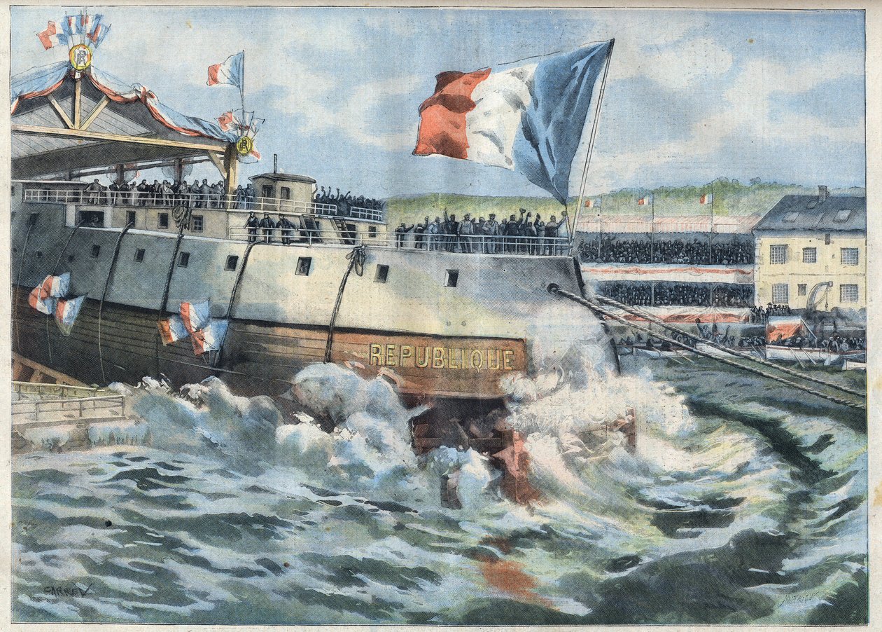 Zahájení provozu Cuirasse „Republique““ ve francouzském Brestu. Gravírování „“Le Petro Parisien““ od French School