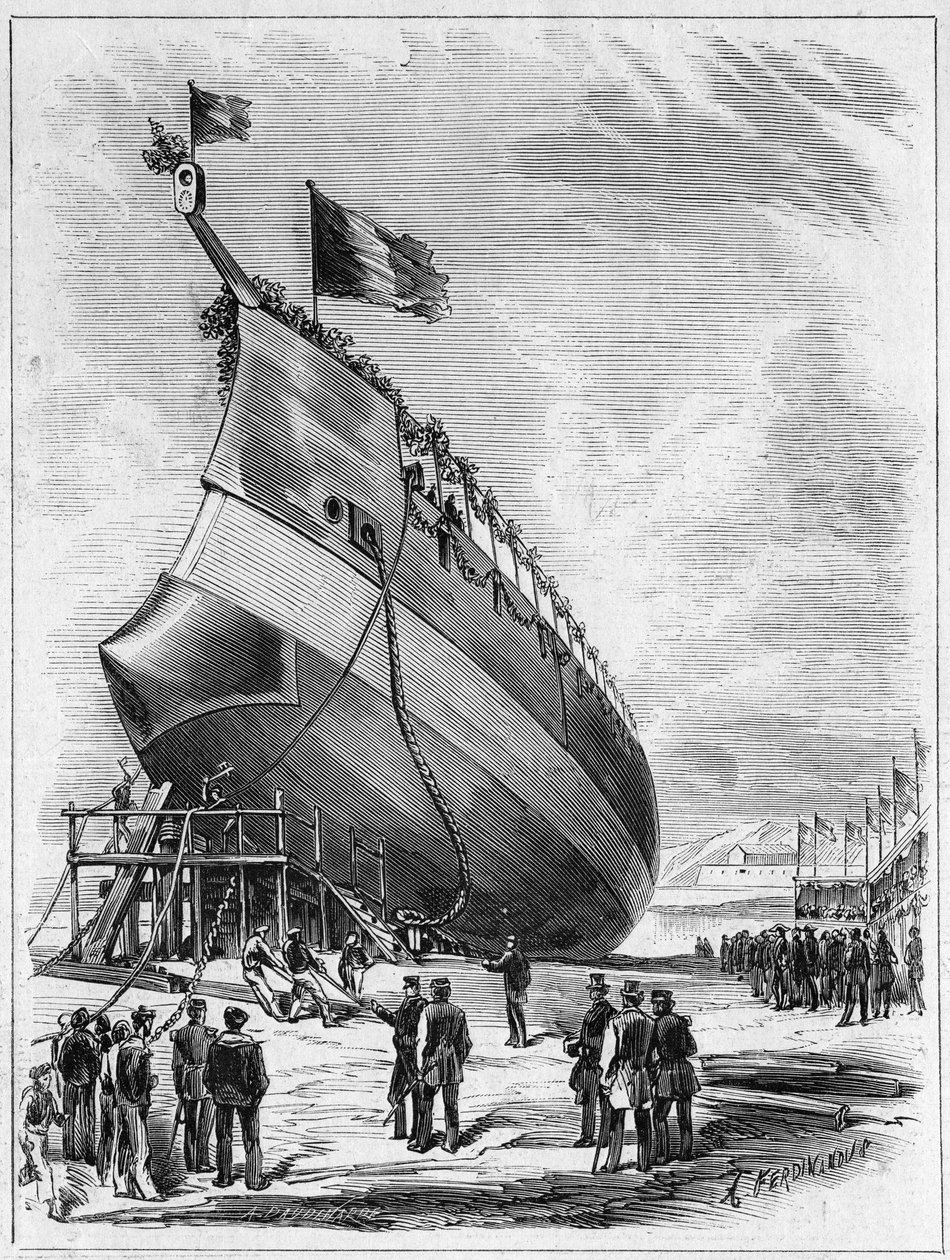 Spuštění obrněné lodi „“La Galissonniere“, 7. května 1872 v přístavu Brest, Finistere (29). Rytina v „“ Le Monde Illustré““ č. 789 z 25. května 1872. od French School