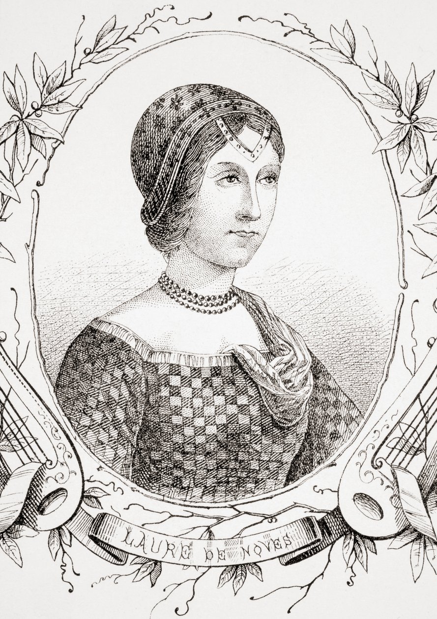Laura de Noves, ze Starověké a moderní univerzální historie, vydané ve Štrasburku kolem roku 1860 (rytina) od French School