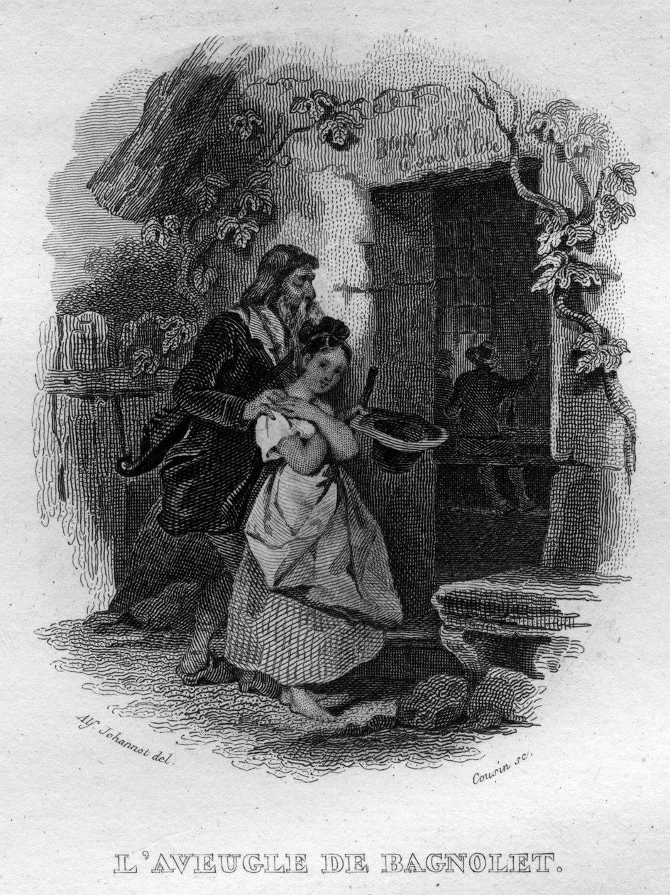 Slepý muž z Bagnolet Chanson de Beranger v „“Oeuvres Completes““ (1834) od Pierra Jeana de Berangera (1780-1857), francouzského básníka a skladatele. od French School