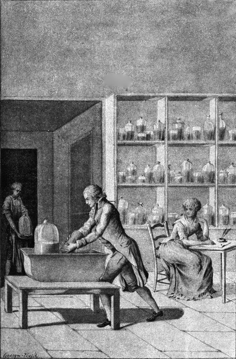 Lavoisier ve své laboratoři v Arsenalu, předvádějící experiment s dýcháním, 18. století od French School