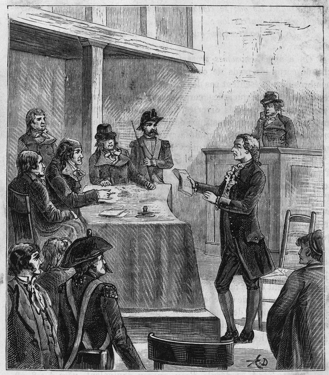 Lavoisierův proces – Antoine Laurent de Lavoisier (1743-1794), francouzský chemik před revolučním tribunálem – Rytina ve „Sciences à la gridte de tous – fyzika et chimie populaires“ od Alexise Clerca – konec 19. století – soukromá sbírka od French School