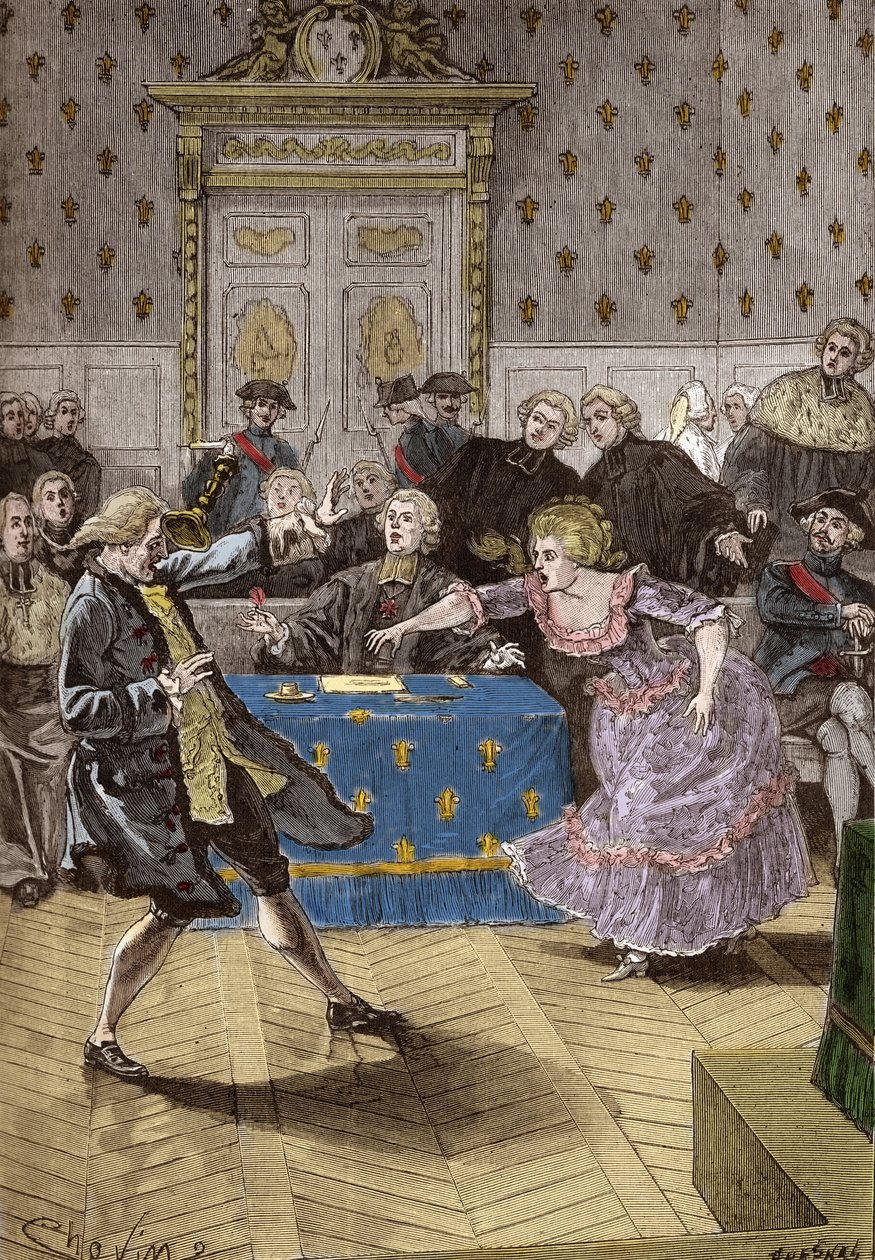 Soudní proces ve věci náhrdelníku královny Marie-Antoinetty - Cagliostro před pařížským parlamentem příliš zatlačil falešnou hraběnku z Lamotte-Valois, intrikánku, která oklamala kardinála z Rohanu. 31. května od French School